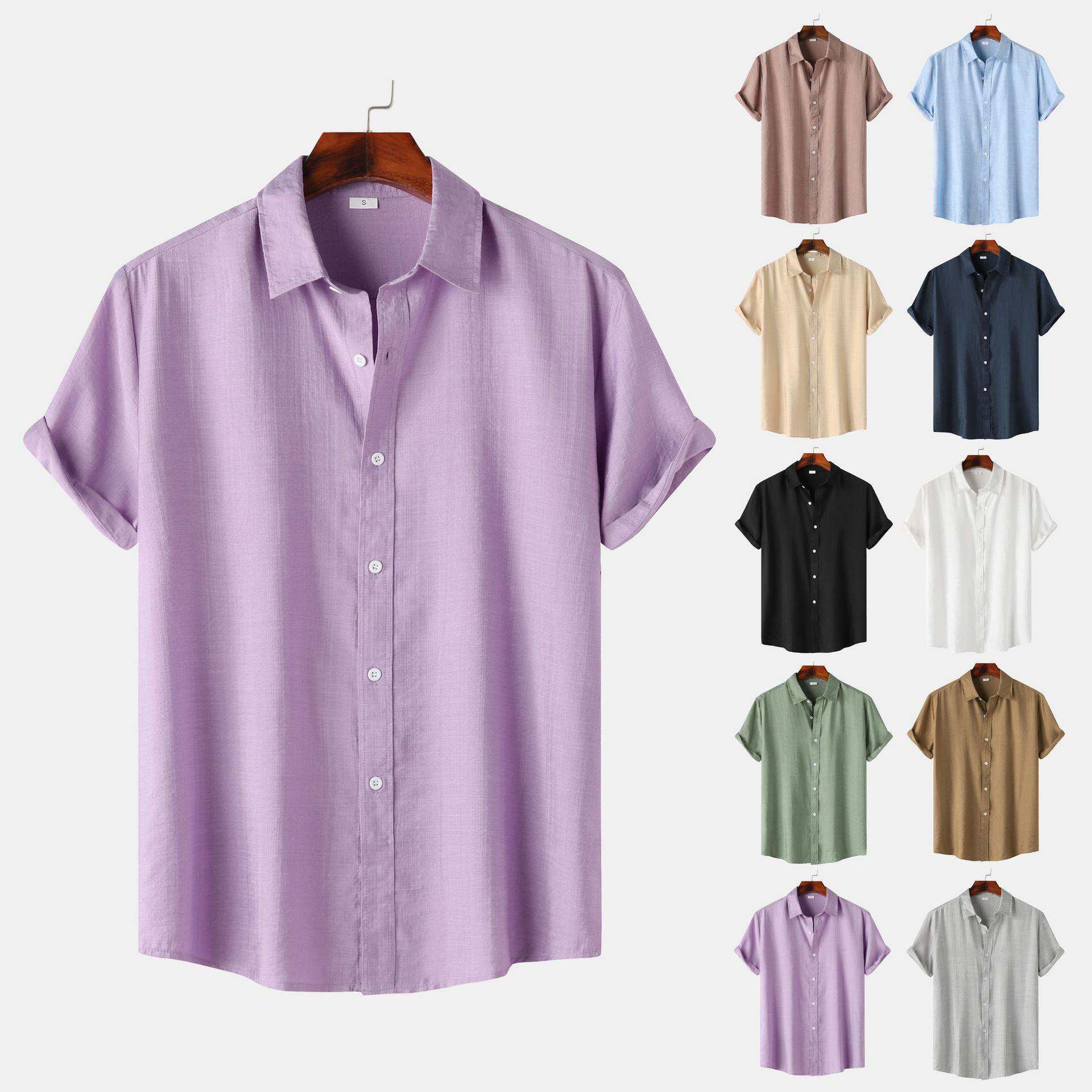 2025men clothes欧美男式大码衬衣青少年纯色短袖翻领衬衫上衣男