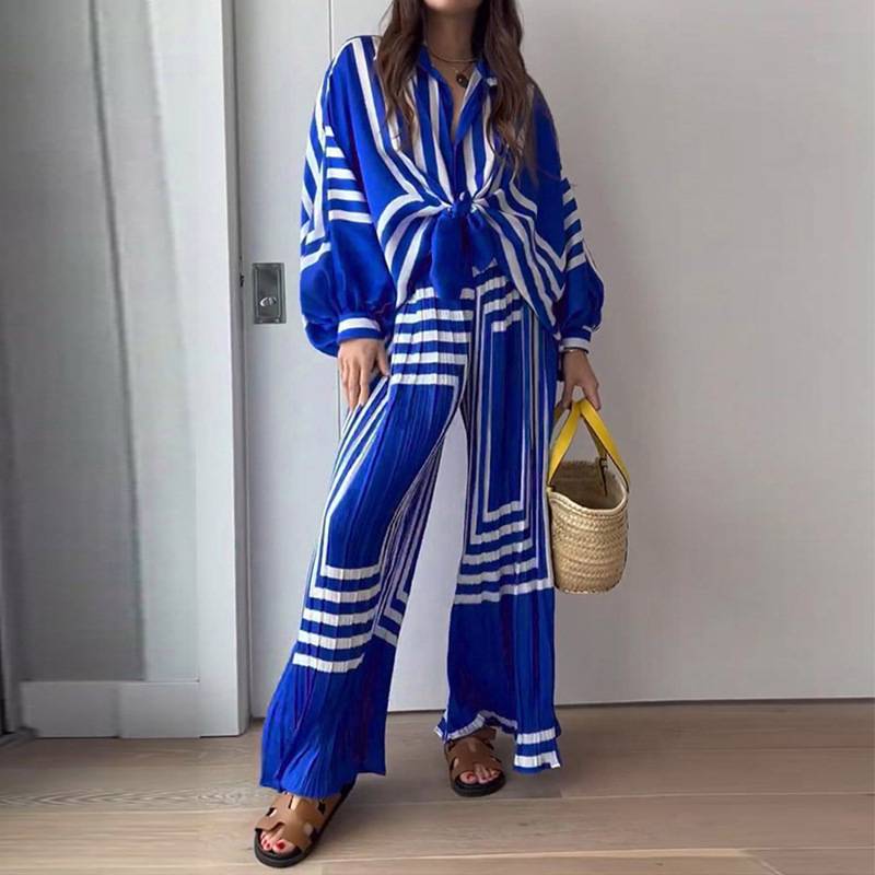2025women clothes欧美女装个性ins风印花压褶女士衬衣长裤两件套
