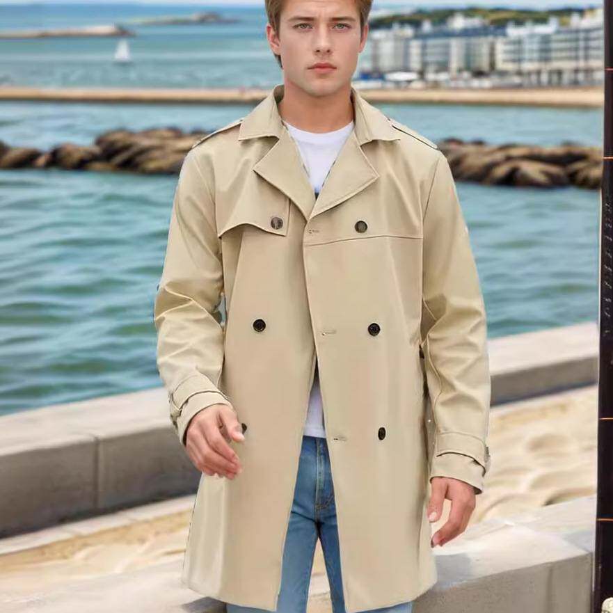 2025men clothes款纯色欧美长袖风衣男式翻领修身双排扣休闲外套