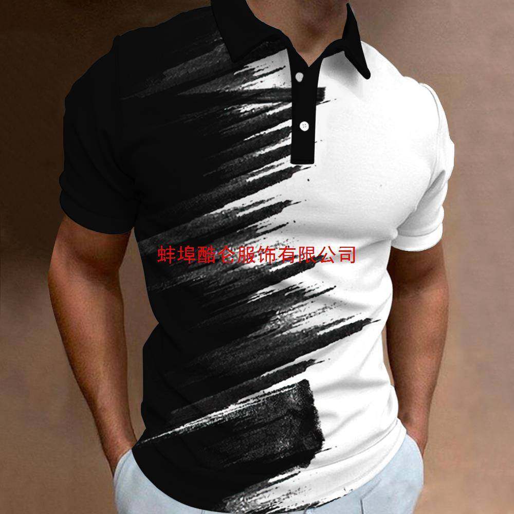 2025men clothes卖男士3D数码印花短袖泼墨拼色Polo衫大码马球衫