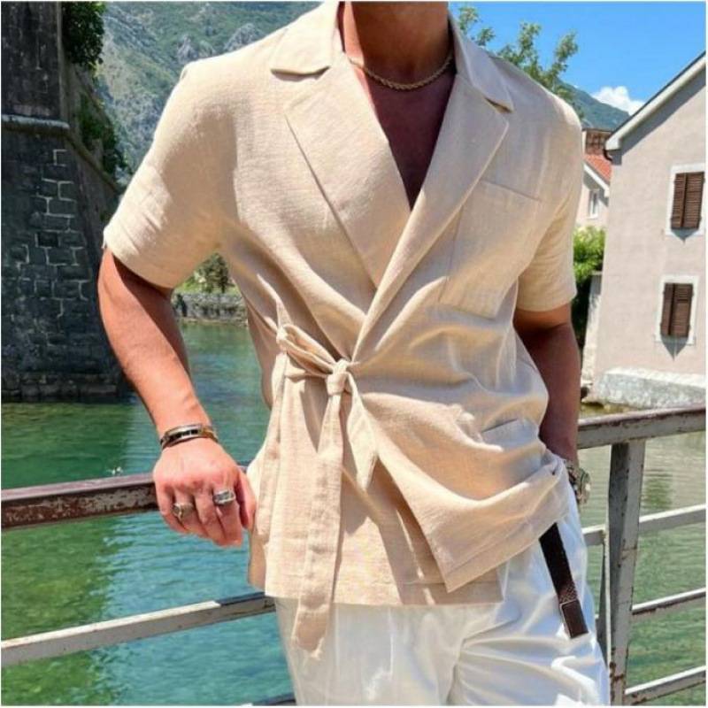 2025men clothes通独立站夏季男士纯色棉麻西装翻领系带短袖衬衣