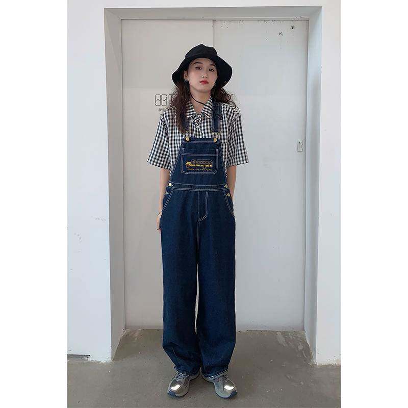 2025women clothesins复古港味背带裤宽松直筒阔腿牛仔裤女裤子潮