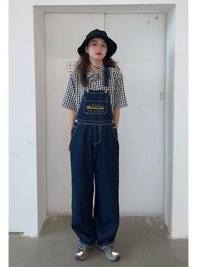 2025women clothesins复古港味背带裤宽松直筒阔腿牛仔裤女裤子潮