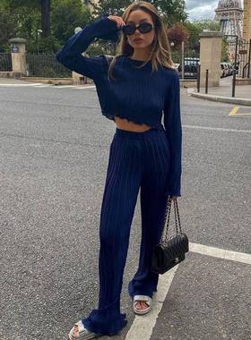 2025women clothes款小香风长袖T恤两件套修身蓝色百褶阔腿裤套装
