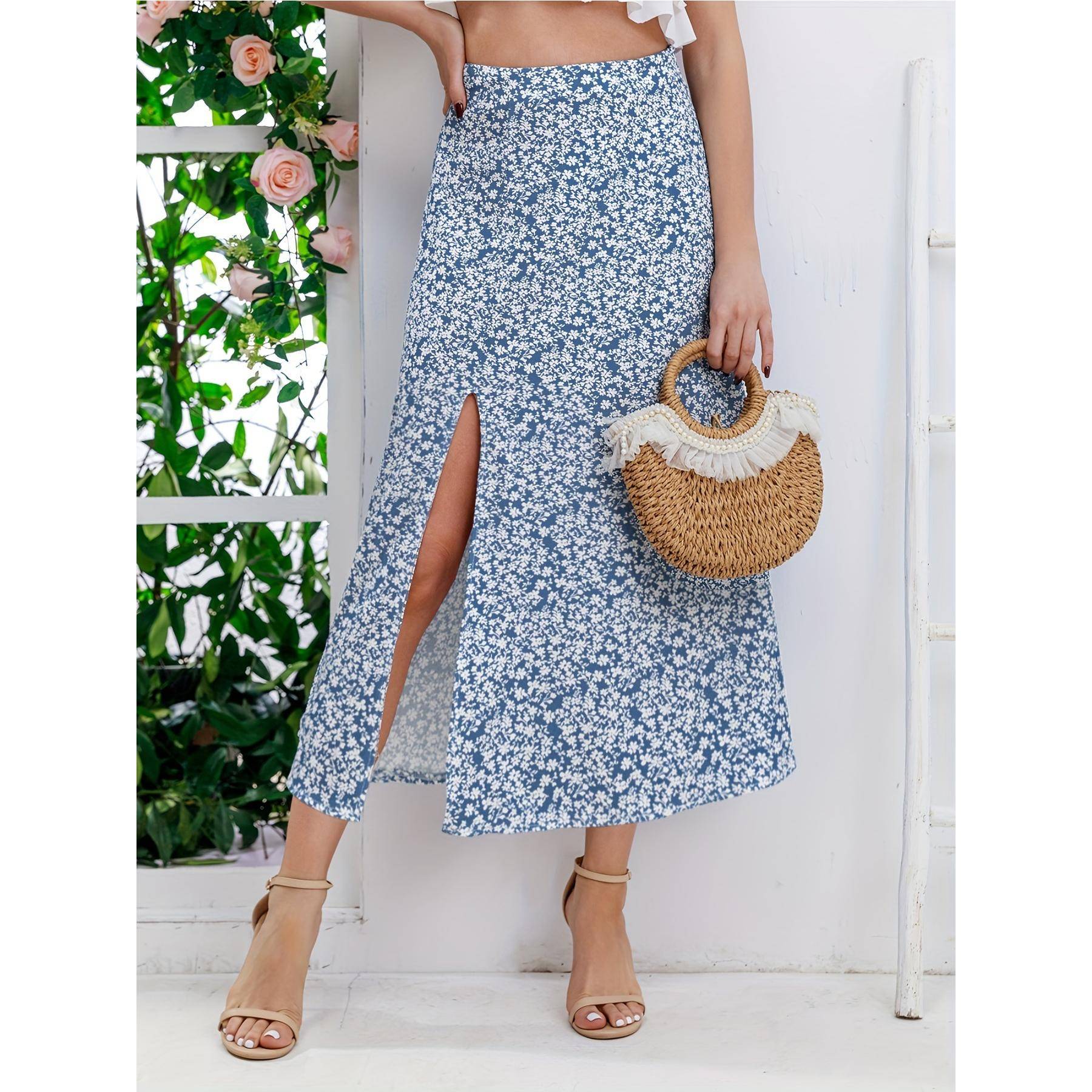 2025women clothes欧美夏季时尚碎花开叉A字裙半身裙