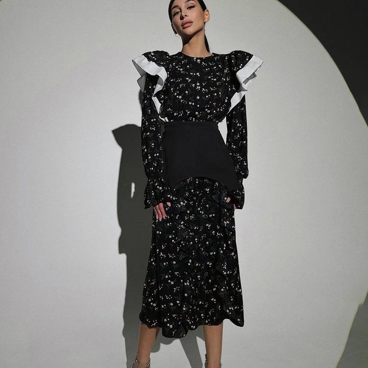 2025women clothes法式设计感长袖连衣裙可拆卸腰封休闲碎花长裙