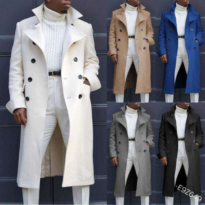 2025men clothes欧美时尚呢子大衣秋季英伦毛呢双排扣加长款外套