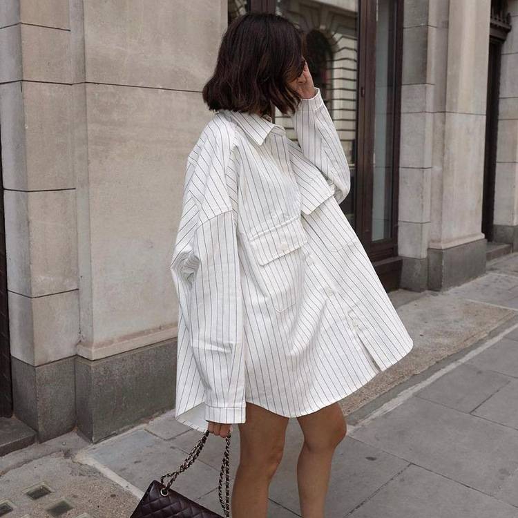 2025women clothes季翻领长袖条纹衬衫外套时尚宽松休闲衬衣女款