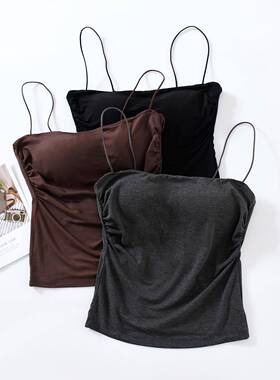 带胸垫褶皱吊带背心女无钢圈修身内衣内搭黑色打底细肩带美背上衣