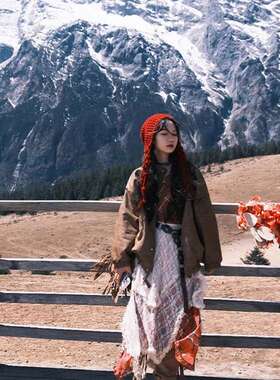 川西旅游红色流苏球球包头帽女民族风护耳针织毛线帽草原新疆帽子