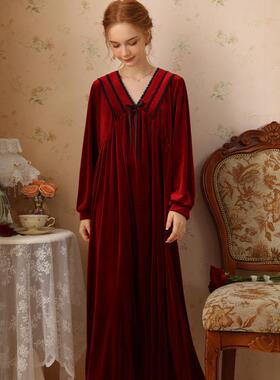 睡裙女春秋冬黑色绒法式复古甜美公主少女加绒长袖睡衣长款家居服