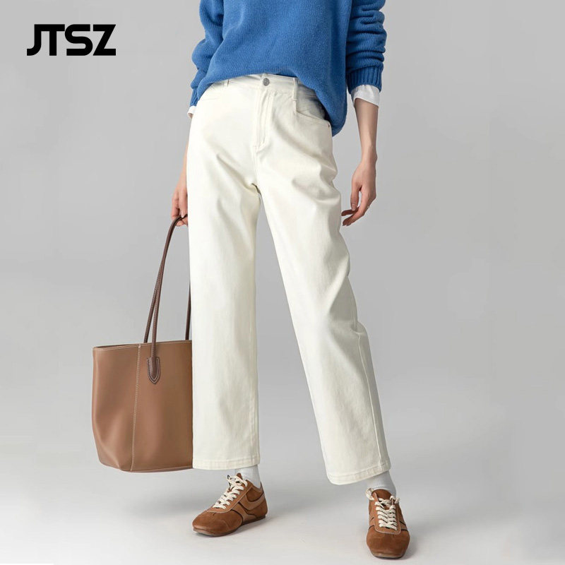 JTSZ品牌修身白色直筒牛仔裤女2026新款春季显瘦小个子休闲法棍裤