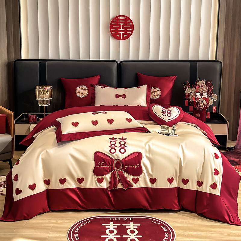 公主风结婚四件套新婚床上用品全棉红色喜庆100R支长绒棉抱枕六件