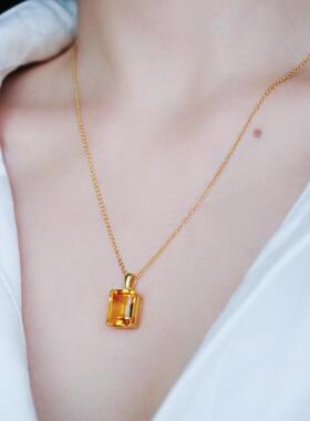 黄水晶项链925纯银天然水晶吊坠简约镶嵌宝石项链海蓝宝新款