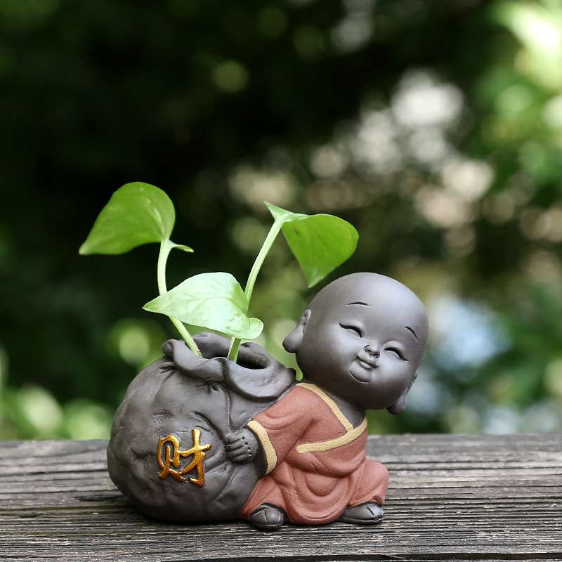 小和尚水培茶宠摆件可养禅意小沙弥茶桌茶具迷你小花器瓶紫砂招财