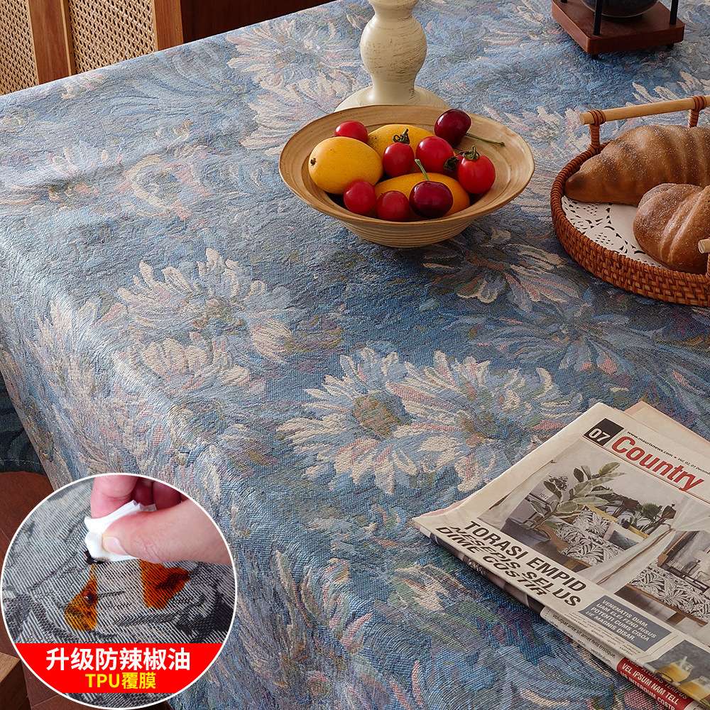 美式棉麻桌布防水防油轻奢油画提花装饰台布茶几桌垫长方形餐桌布