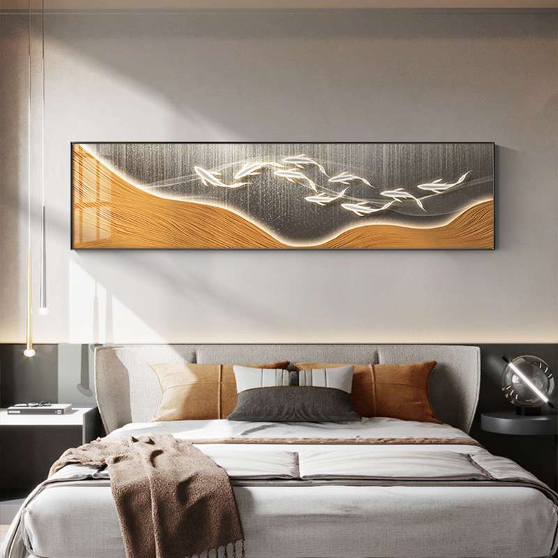 九鱼图床头挂画简约抽象客厅沙发背景墙装饰画轻奢横幅卧室壁画图片