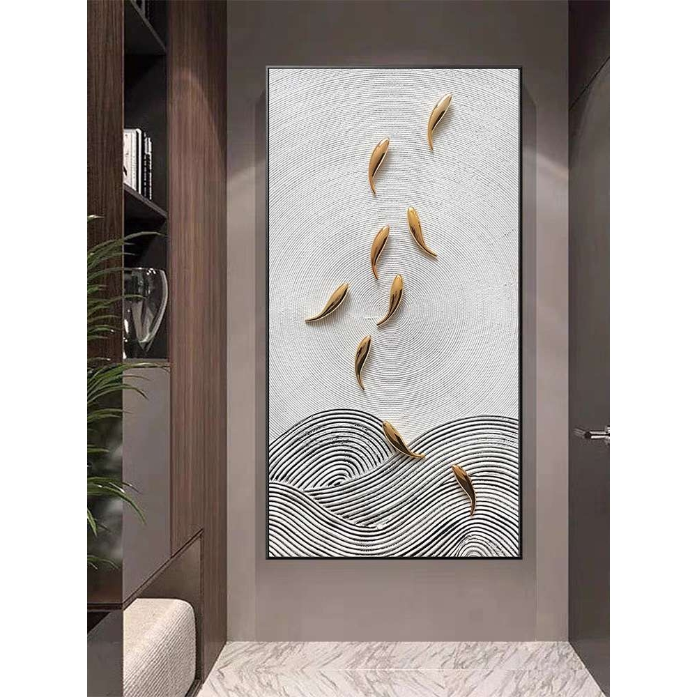 入户玄关新中式九鱼图轻奢装饰画样板间立体手绘挂画实物竖版壁画图片