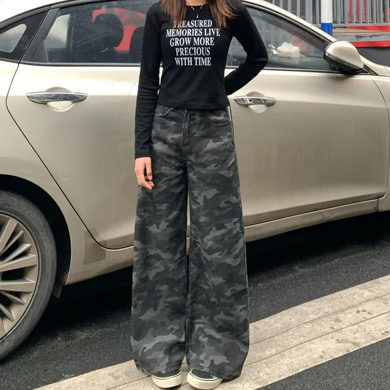 美式辣妹迷彩牛仔裤女2025秋冬ins原宿风宽松高腰直筒阔腿拖地裤