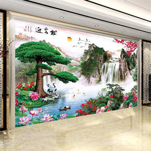 山水风景壁画黄山迎客松背景图国画客厅装饰画自粘墙纸墙布墙贴画