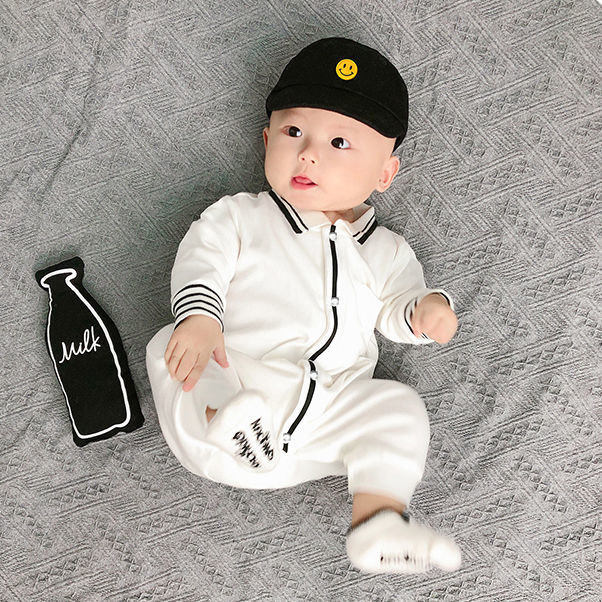 婴儿连体衣纯棉简约春秋款长袖爬B服男女宝宝棒球服哈衣时尚外穿