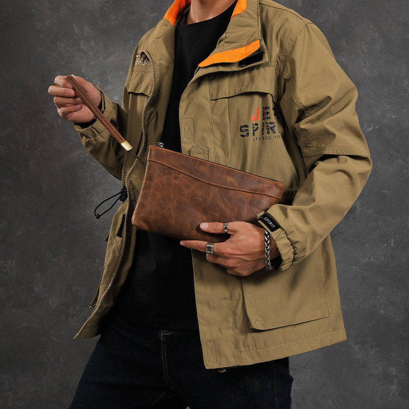 疯马皮复古男士手抓包大容量真皮手拎钱包头层牛皮商务皮夹手包男