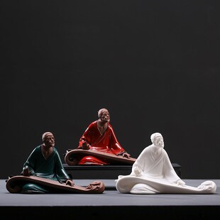 中式禅意历史戏曲人物觅知音摆件书E房客厅伯牙抚琴陶瓷工艺装饰