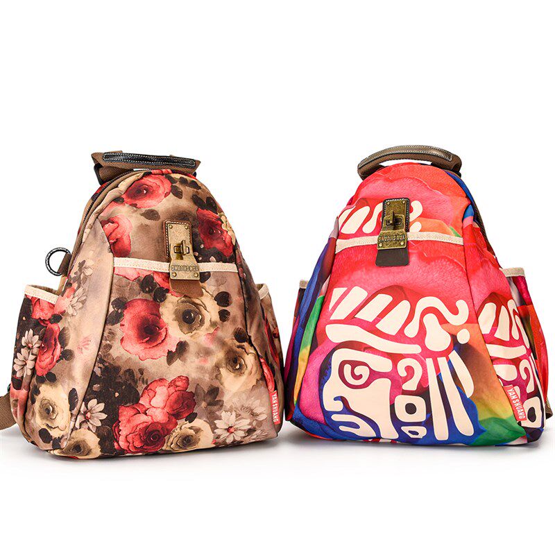 阎双新款轻便双肩包女士百搭旅行包印花书包帆布斜挎包时尚小背包