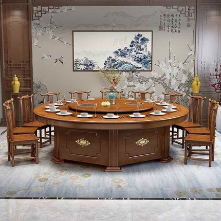 酒店电动餐桌椅组合大圆桌2v米3米E新中式实木饭店包厢宴会火锅桌