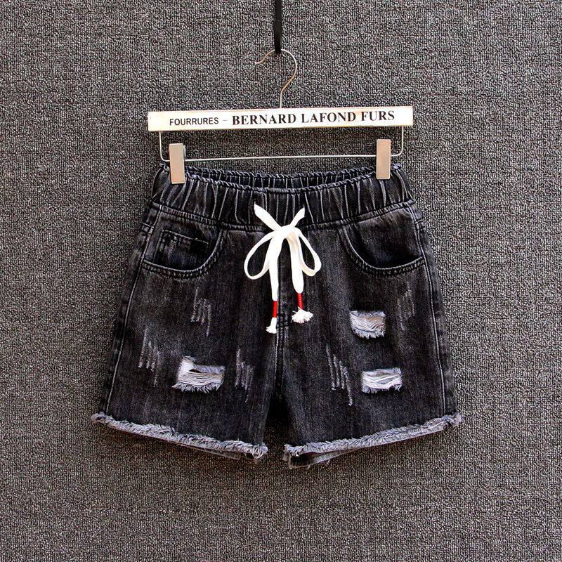 黑色牛仔短裤女宽松大码显瘦松紧腰直筒裤破洞韩版中腰薄料新款潮