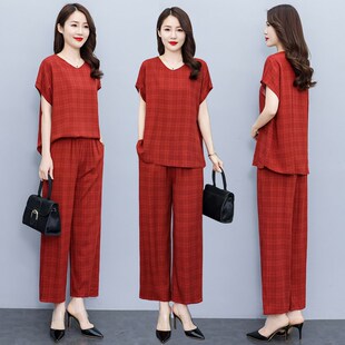 中老年妈妈夏季新款棉绸套装女时尚宽松大码阔Q腿九分裤休闲两件
