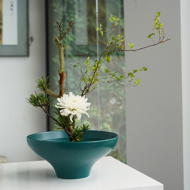 高足花器绿铁釉插花剑山器皿中A式花盘斗笠碗禅意日式花道桌面花