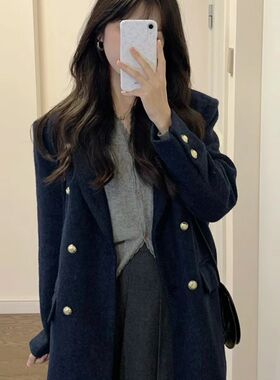 秋冬复古高级感港风藏蓝色小个子搭配显高呢子大衣毛呢外套女短款