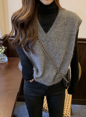 2023新款秋季宽松套头v领灰色马海毛马甲毛衣针织背X心韩版女学生