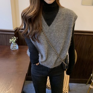 2023新款秋季宽松套头v领灰色马海毛马甲毛衣针织背X心韩版女学生