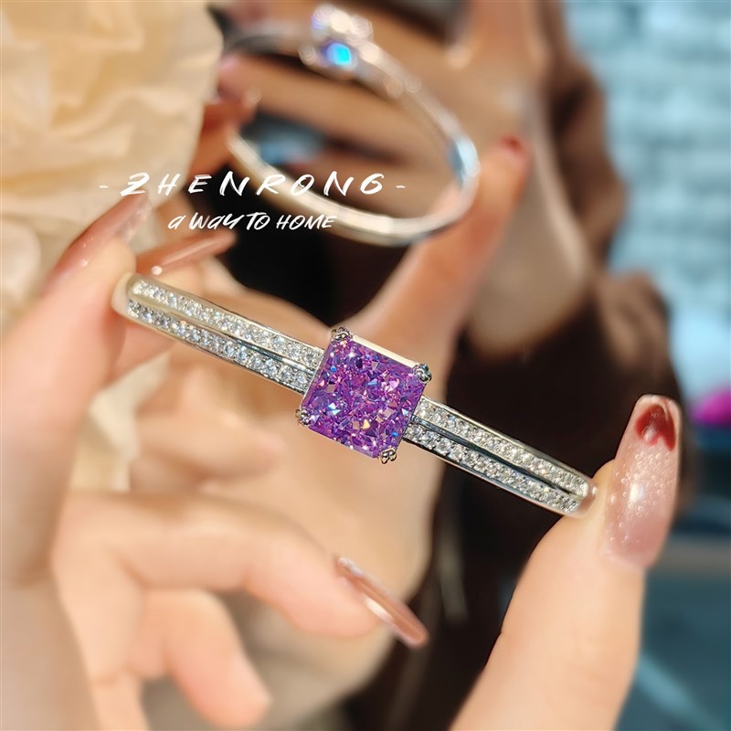 时尚轻奢百搭彩钻紫锂辉冰花切手镯镶嵌高碳钻手环气质简约彩宝女