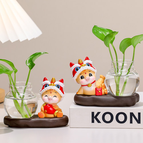 可爱国潮醒狮马透明玻璃水培花瓶