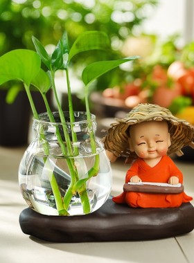 个性禅意茶宠四不小和尚客厅插花小摆件玻璃器皿绿萝水培桌面花瓶