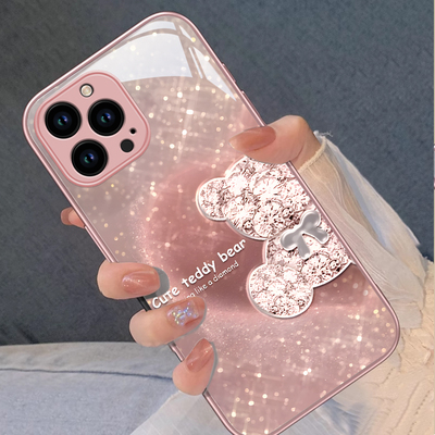 适用苹果15promax手机壳新款iphone14pro玻璃13防摔12可爱女11卡通xsmax钻石熊8plus镜头7p高级感6s全包se2潮