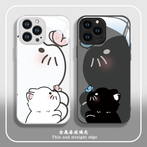 适用苹果15promax手机壳新款iphone14pro玻璃13防摔12卡通女11网红xsmax猫咪蝴蝶8plus镜头7p高级感6s全包se2