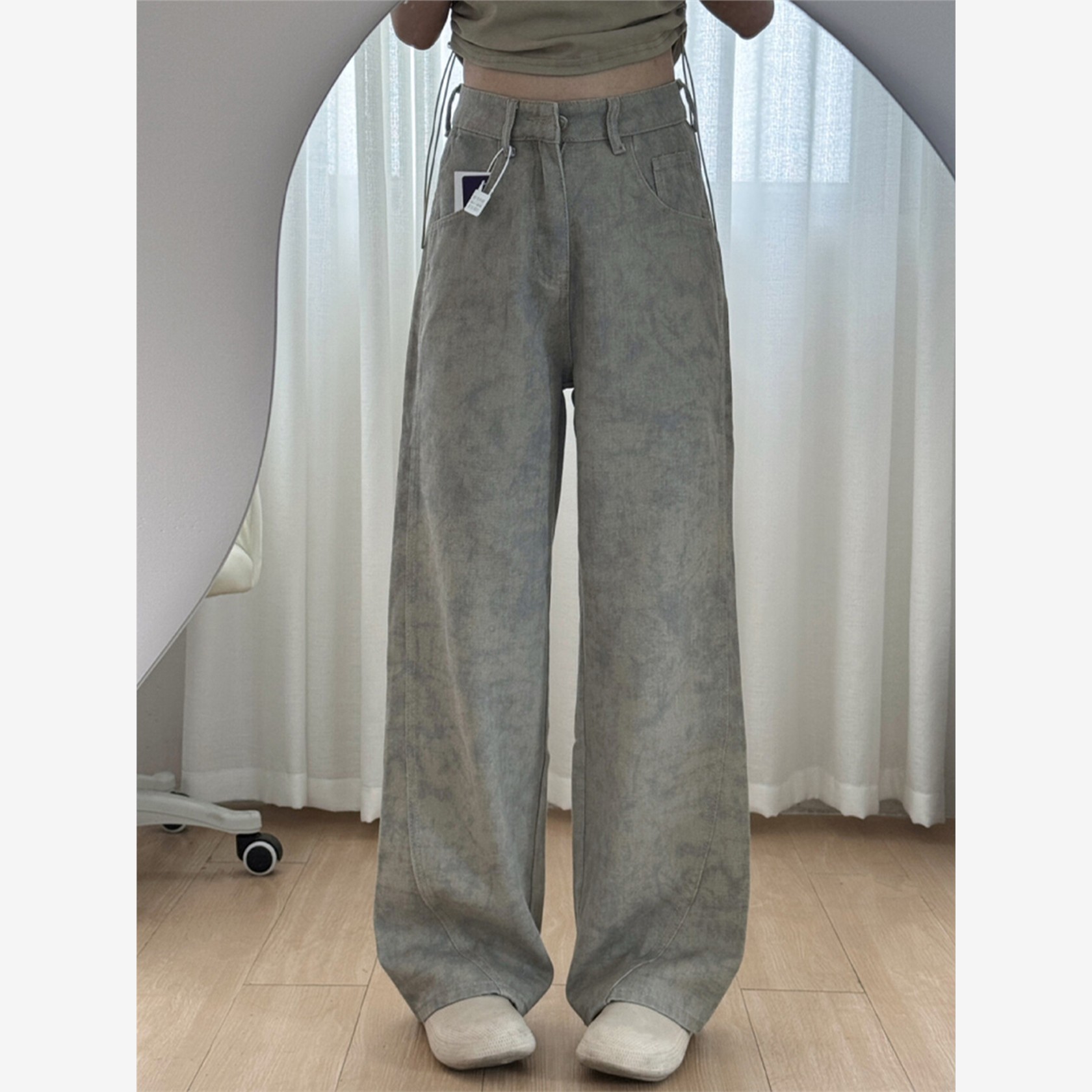 大码女装美式覆古阔腿牛仔裤女2025秋季新款高腰显瘦扎染印花裤子