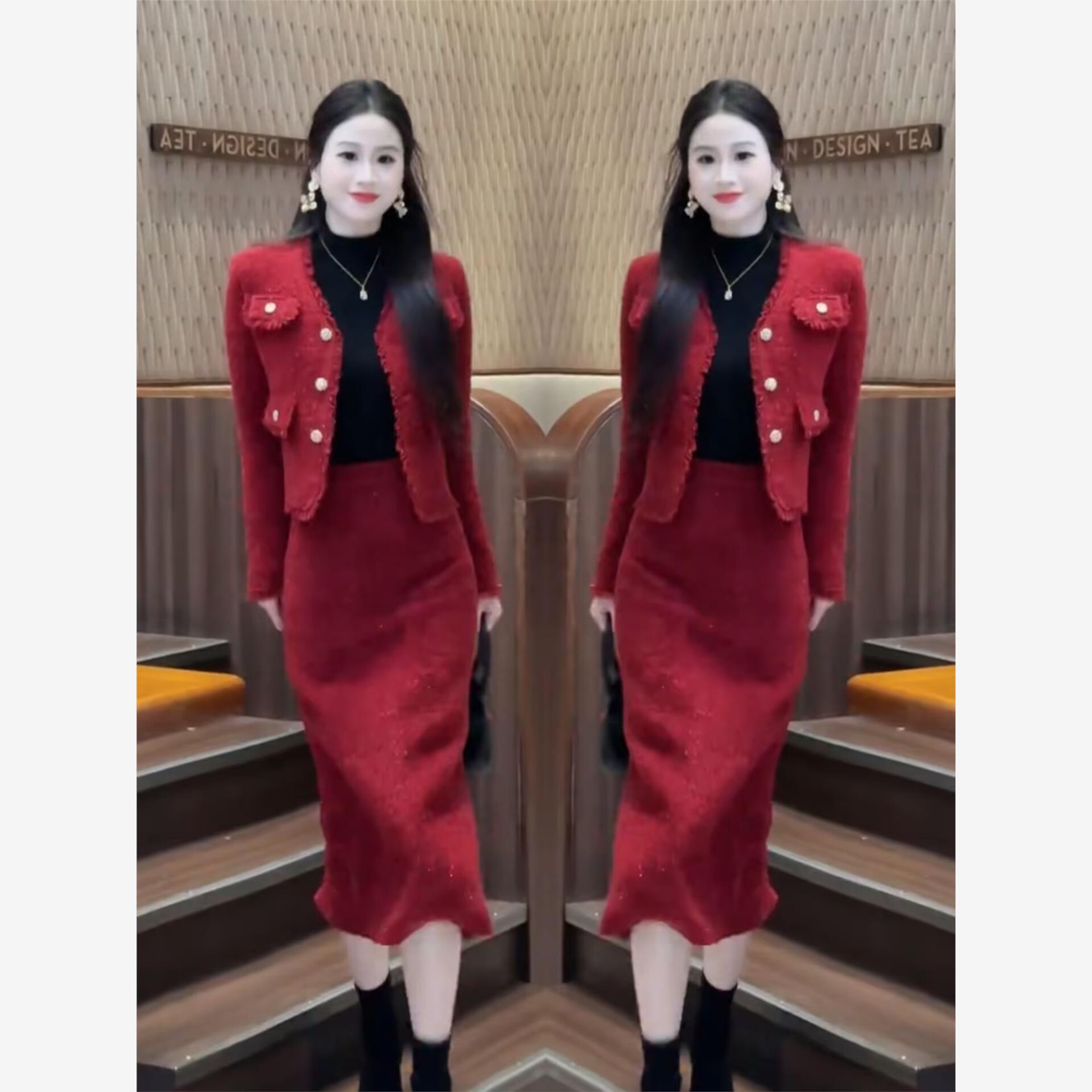 高级感小香风时尚套装女2025冬季新款洋气显瘦短款外套+半身裙潮