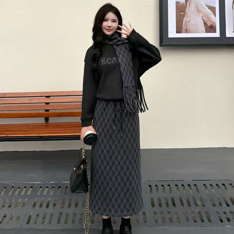 卫衣套装女2025新款冬季时尚小香风毛呢加绒加厚格子半身裙两件套