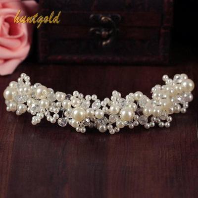 网红bride hair accessory tiara wedding bridal faux pearl rhi