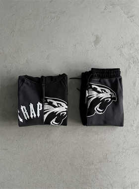 Trapstar2024原创街头潮牌连帽卫衣套装黑灰双拼高端刺绣虎头字母