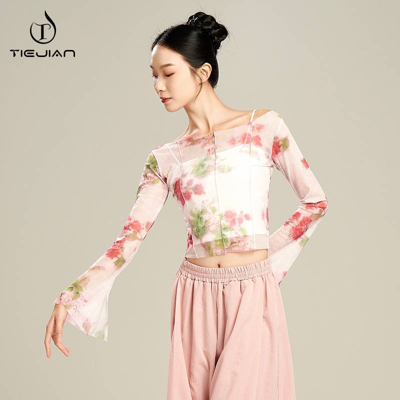 2025舞蹈服印花纱衣女身韵喇叭袖练功服艺考练舞芭蕾体服演出服装