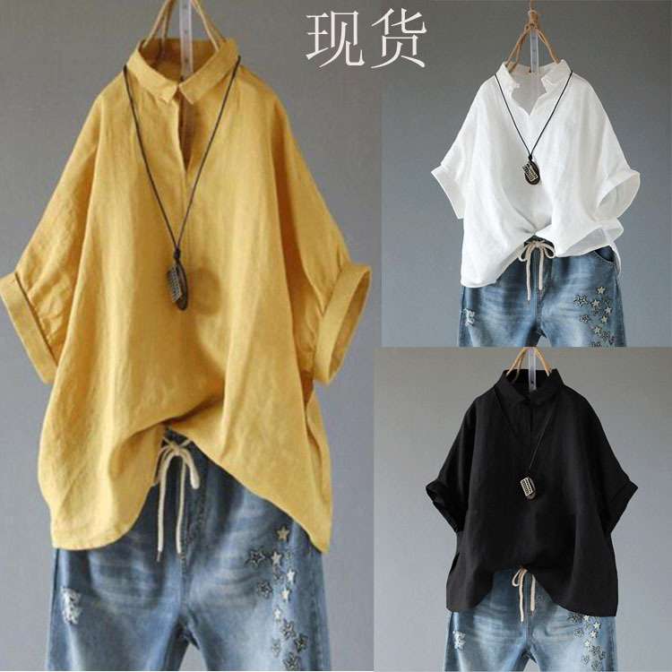 2024夏装热卖立领宽松棉麻纯色外贸女装衬衫女式衬women clothes