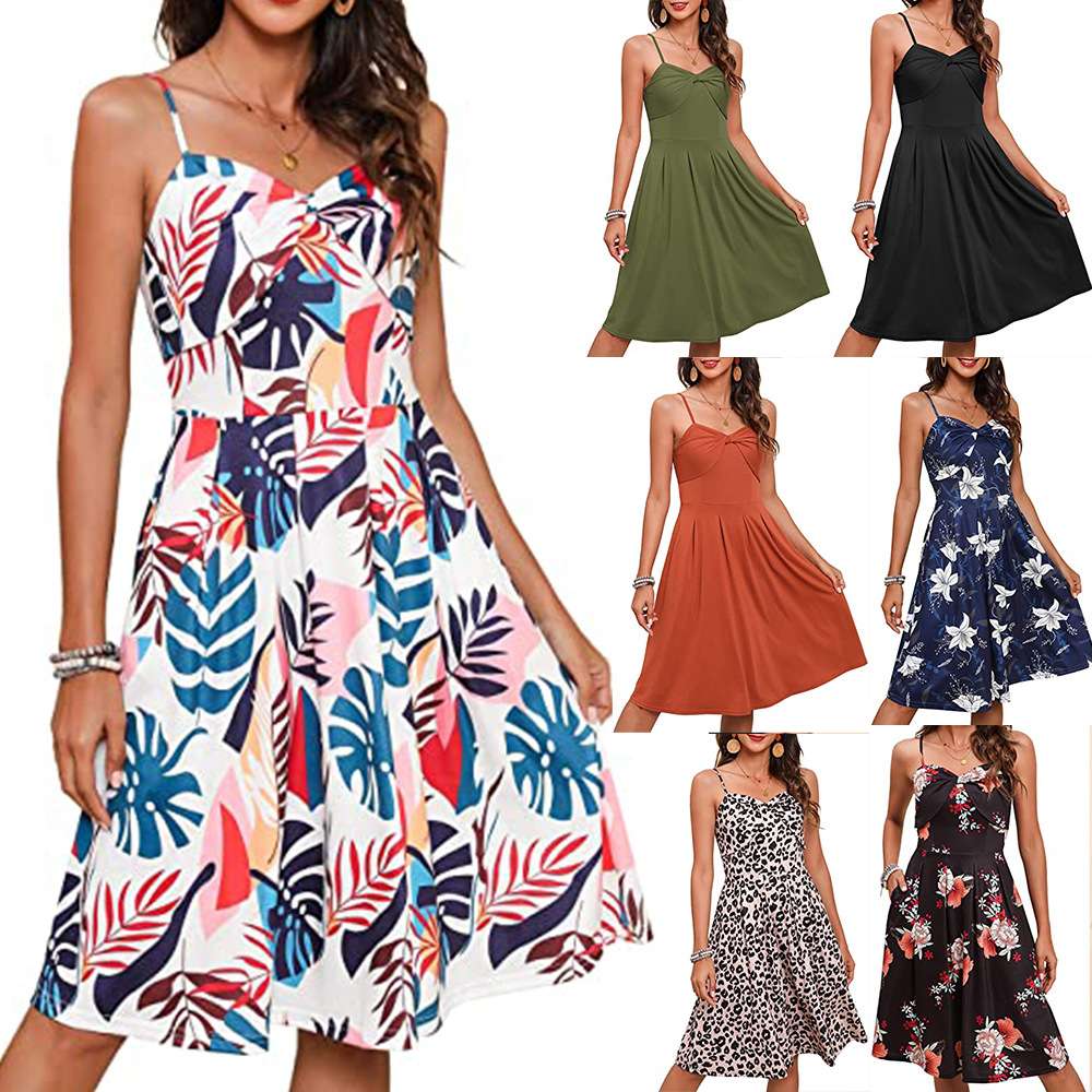 2024eBay欧美外贸时装性感印花纯色吊带露背连衣裙women clothes