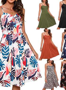 2024eBay欧美外贸时装性感印花纯色吊带露背连衣裙women clothes