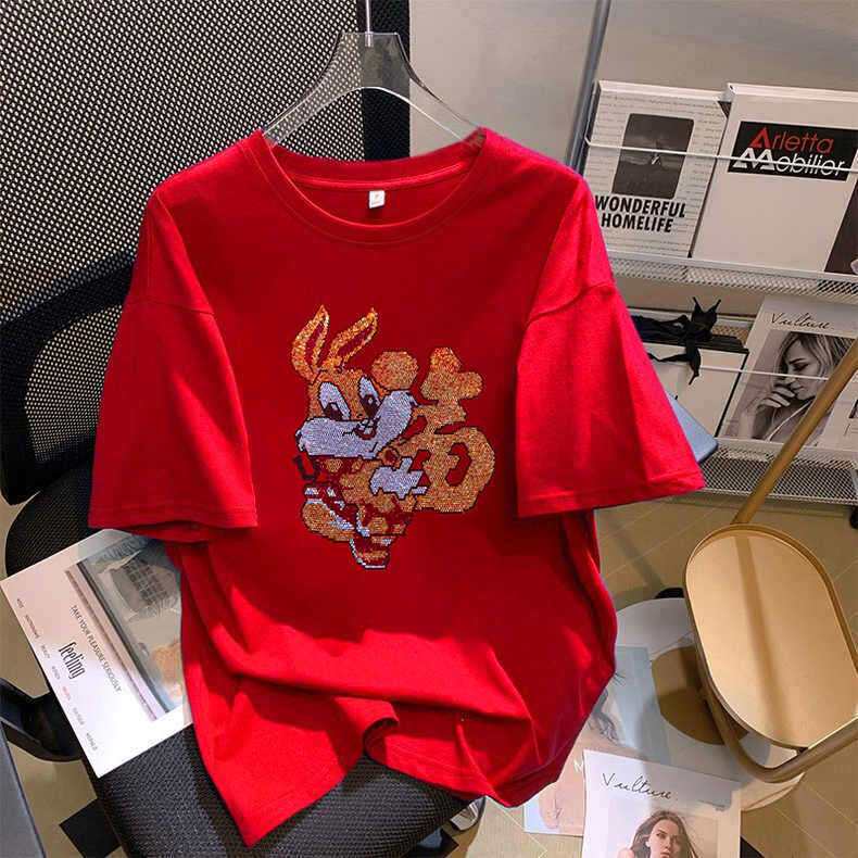 2024服红色短袖t恤女精梳棉平安喜乐全家福新年家庭women clothes